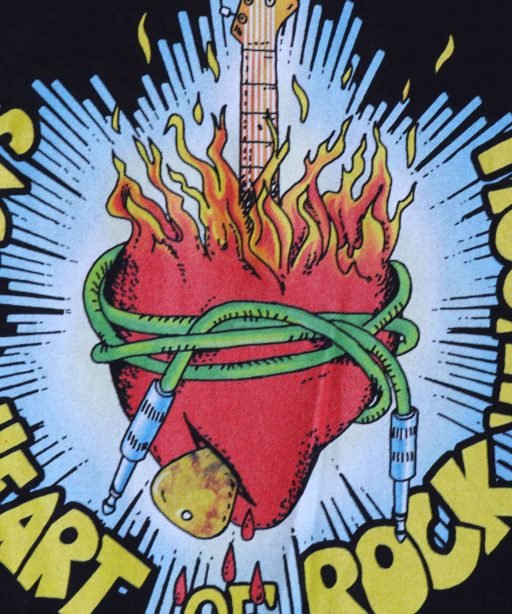 Detail of the "Sacred Heart of Rock and Roll" t-shirt.